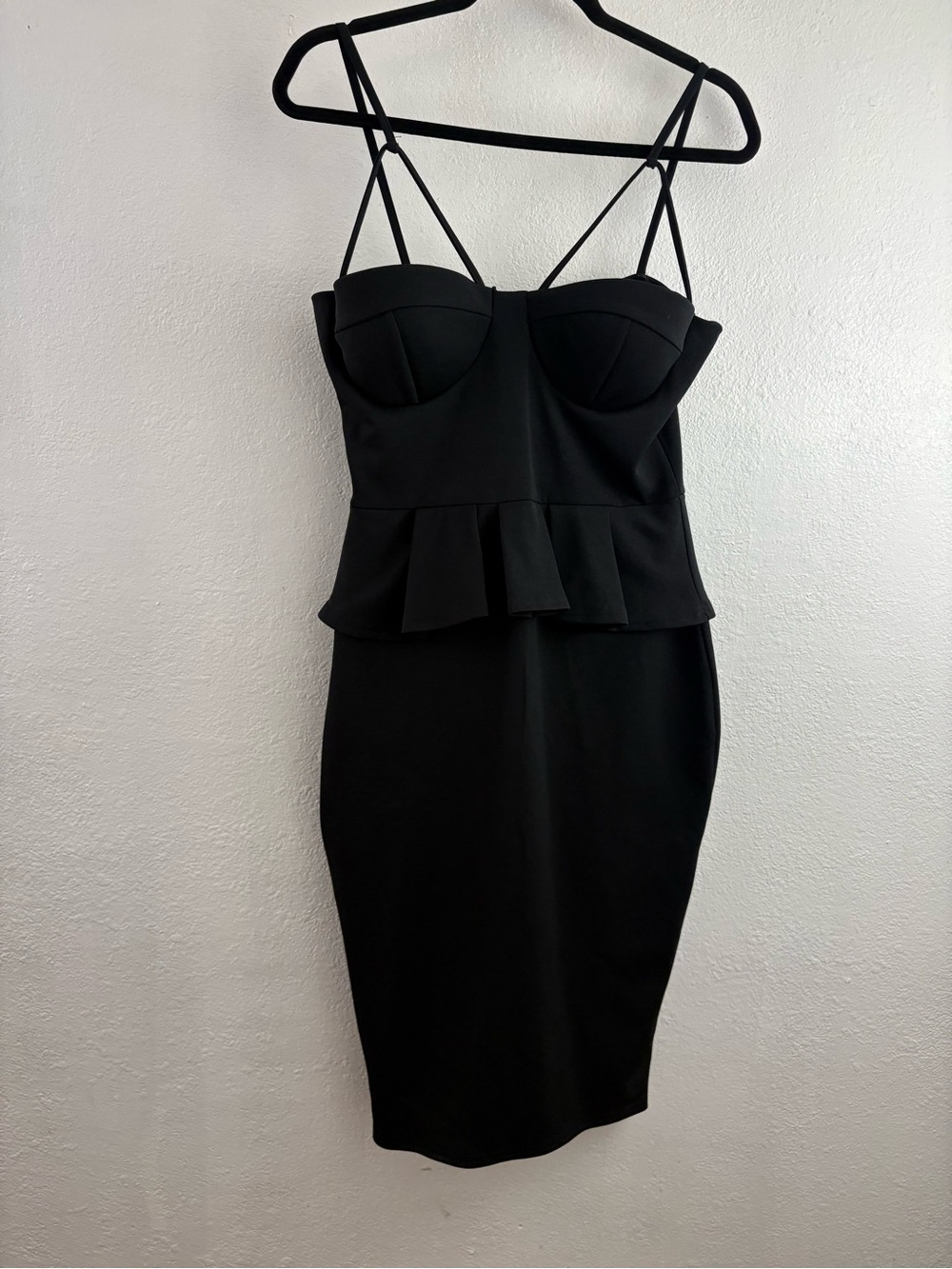 Boohoo bandage black midi dress peplum waist adjustable spaghetti straps size 10